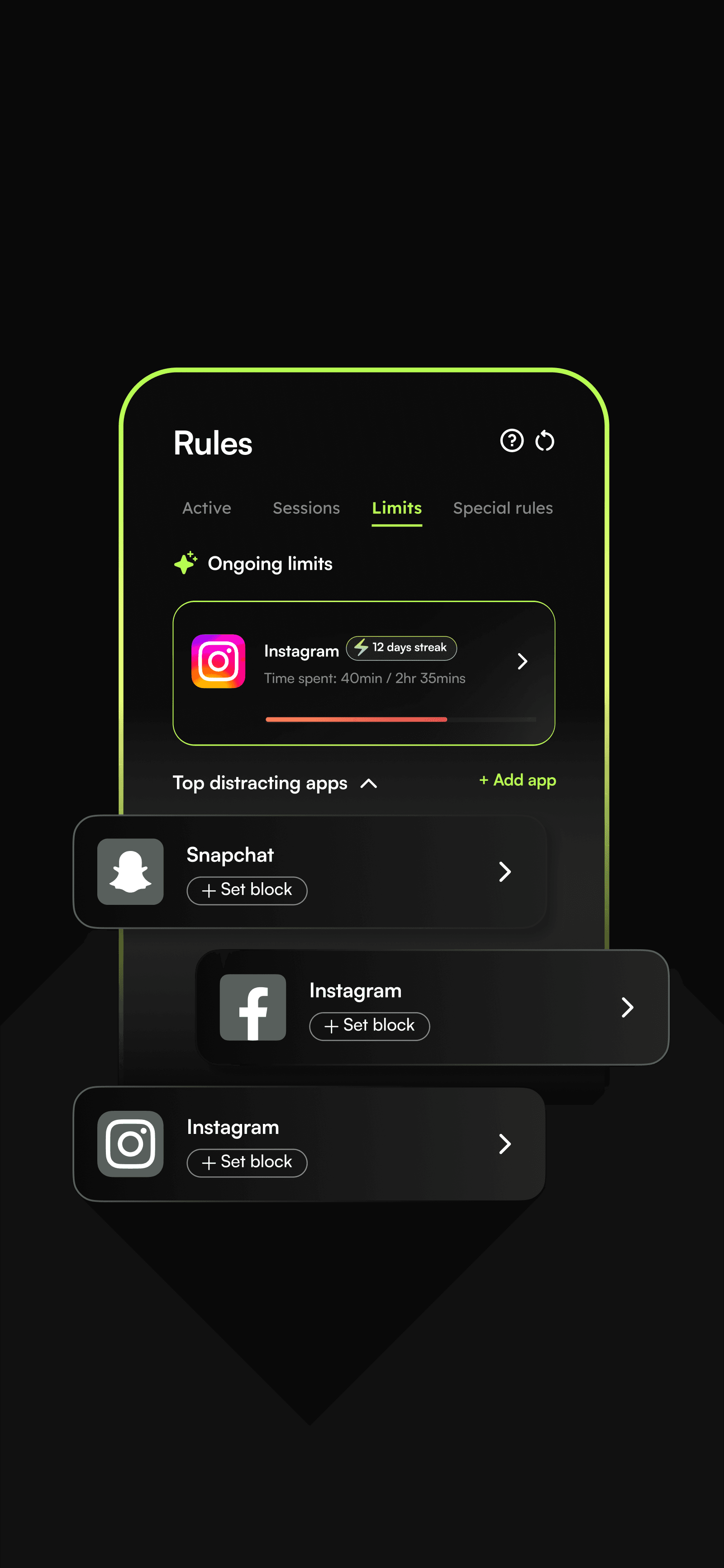 Jolt App Limits feature - daily time caps that hard lock when reached